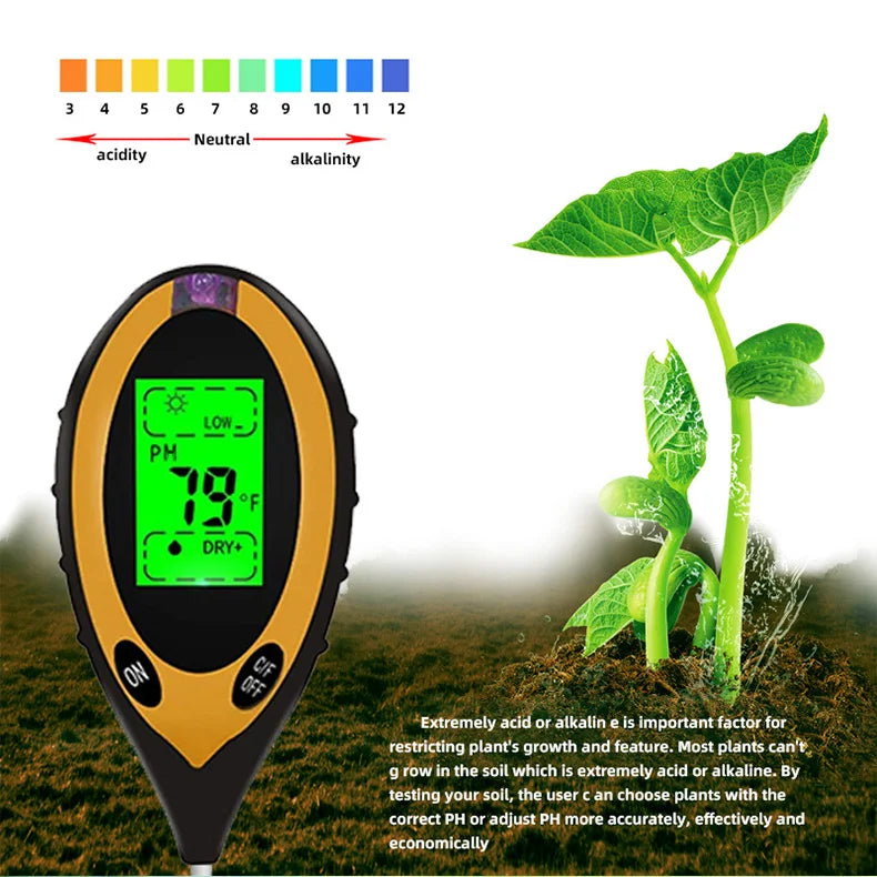 4 in 1 Soil Instrument - Illuminance, pH, Temperature & Humidity Test Detector with Digital Display and Backlight
