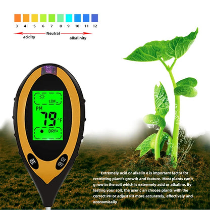 4 in 1 Soil Instrument - Illuminance, pH, Temperature & Humidity Test Detector with Digital Display and Backlight