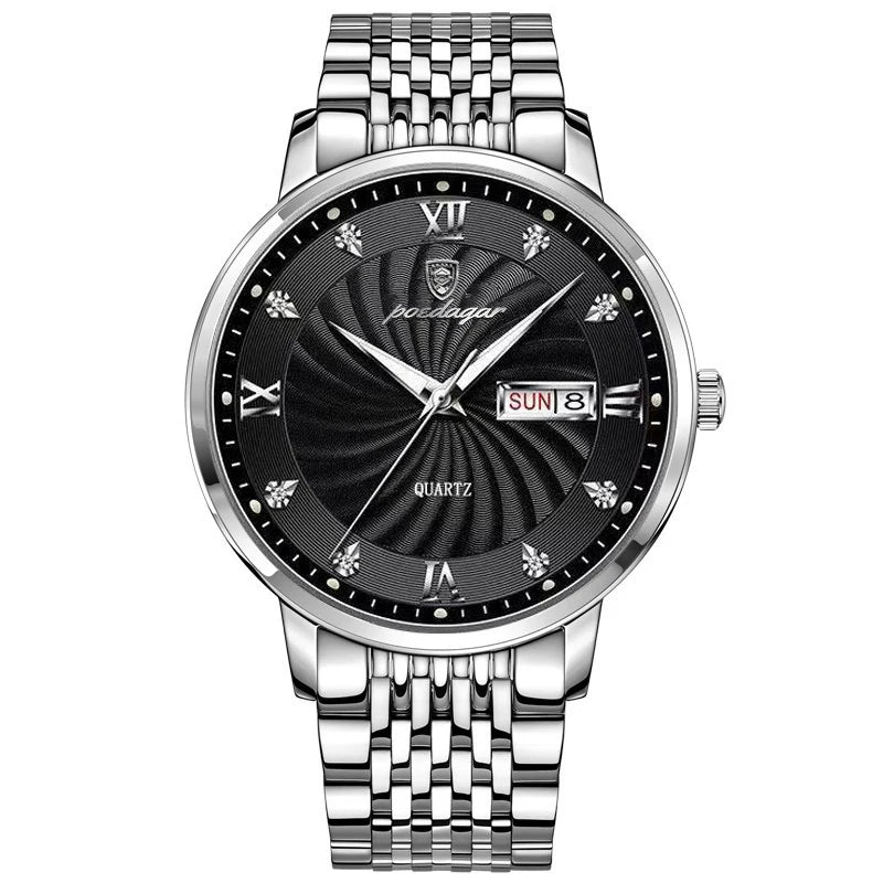 POEDAGAR Luxury Men's Watch — Waterproof Luminous Quartz Wristwatch with Date & Week, Stainless Steel Sports Fashion