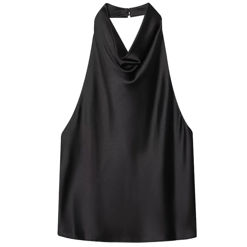 HXAO Women’s Satin Halter Top – Summer 2025 Black & Yellow Crop Tank, Off-Shoulder Sleeveless Backless Vest