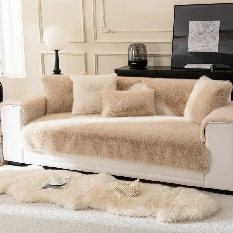 Rabbit Plush Sofa Seat Cover – Warm Non-Slip L-Shaped Couch Blanket & Cushion Slipcover for Living Room