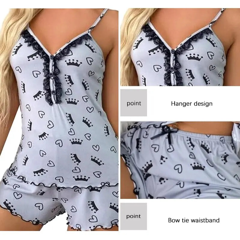 Summer Sexy Two-Piece Women's Pajama Set: Deep V-Neck Tops and Shorts Pajama Suit for Ladies Nightwear