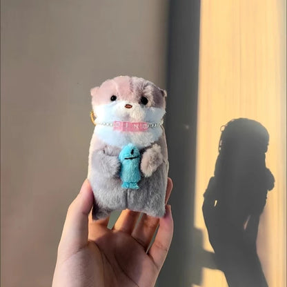 Cute Otters Holding Fish Plush Keyring - Lightweight Hanging Pendant, School Bag, Key Wallet & Toy Gift (11cm)