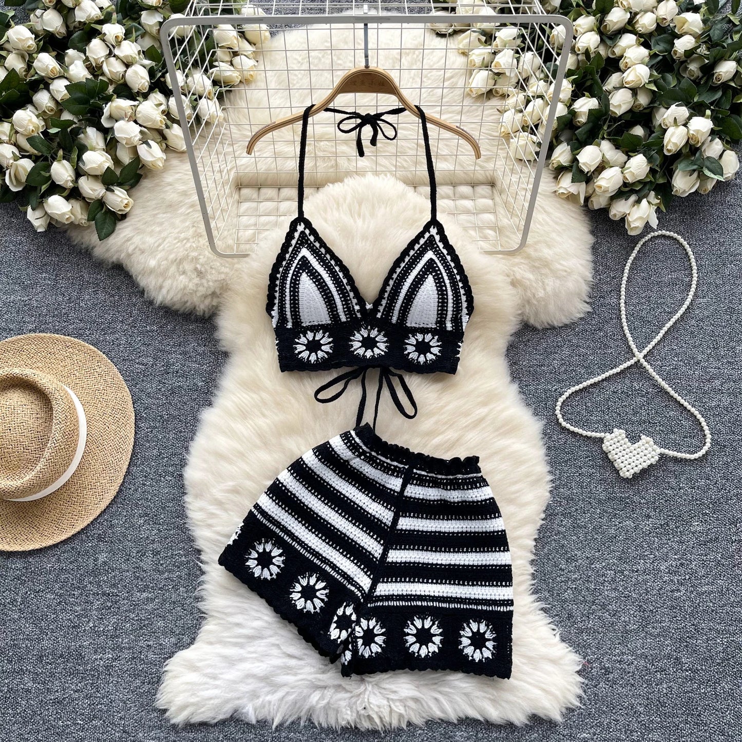 SINGREINY Women's Beach Knit 2-Piece Set – Halter Lace-Up Camis & Elastic Waist Shorts, Hollow Hook Flower Design