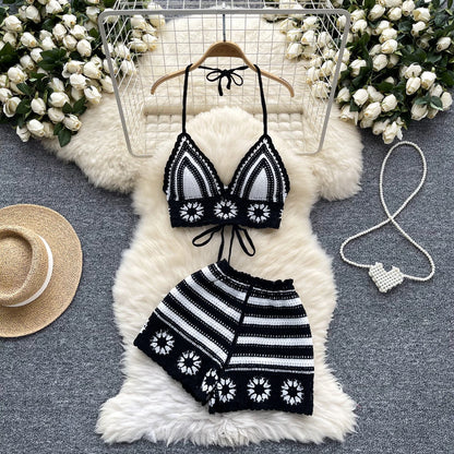 SINGREINY Women's Beach Knit 2-Piece Set – Halter Lace-Up Camis & Elastic Waist Shorts, Hollow Hook Flower Design