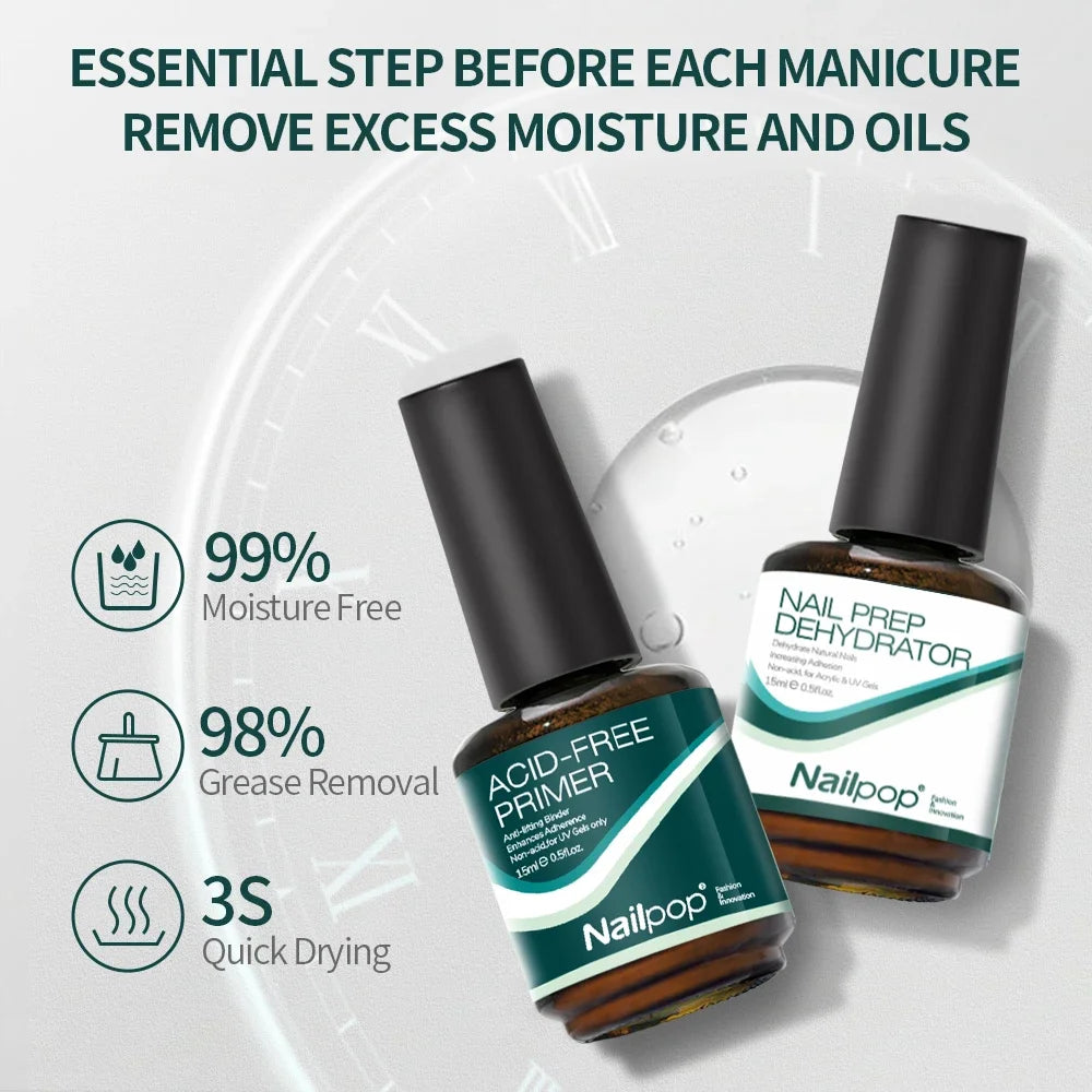 Nailpop Nail Dehydrator & Primer — Acid-Free Natural Nail Prep for Acrylic & UV Gel, Fast Dry Superior Bonding Set
