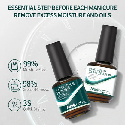 Nailpop Nail Dehydrator & Primer — Acid-Free Natural Nail Prep for Acrylic & UV Gel, Fast Dry Superior Bonding Set