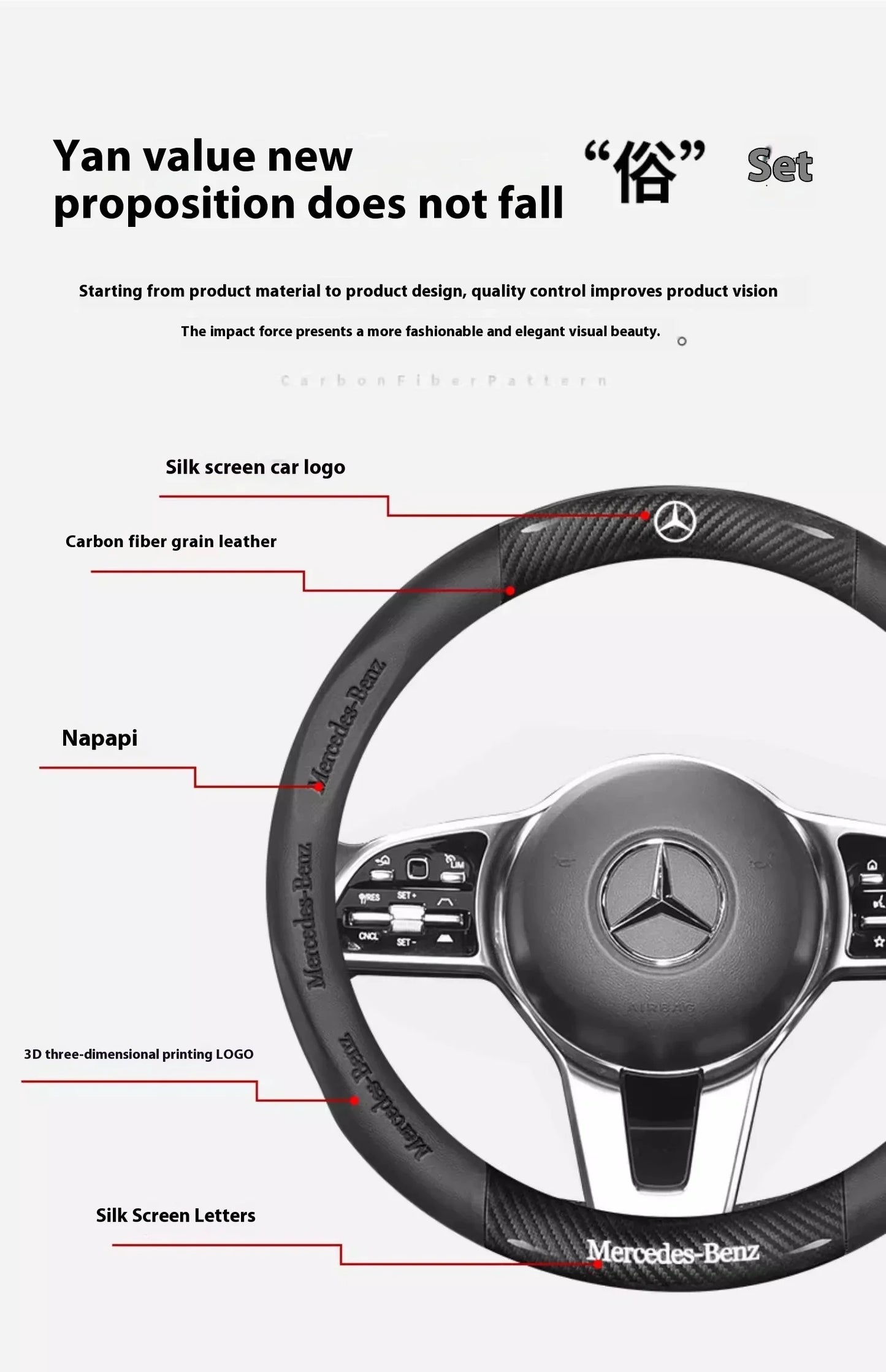 Mercedes-Benz Carbon Fiber Leather Steering Wheel Cover — Anti-Slip Fit for A/B/C/E/S/V/R-Class, C43, CLA, GLA, GLB, GLC, GLK, SLK, SL, Vito