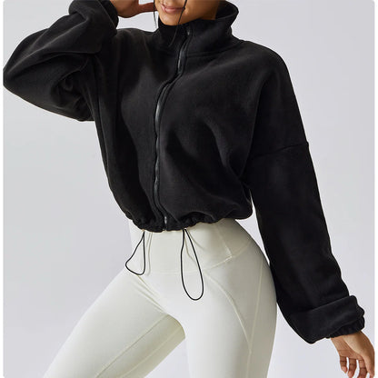 Women's Polar Fleece Zip Hoodie — Athletic Loose-Fit Crop Top with Stand Collar, Thumb Holes & Drawstring Hem for Fall/Winter