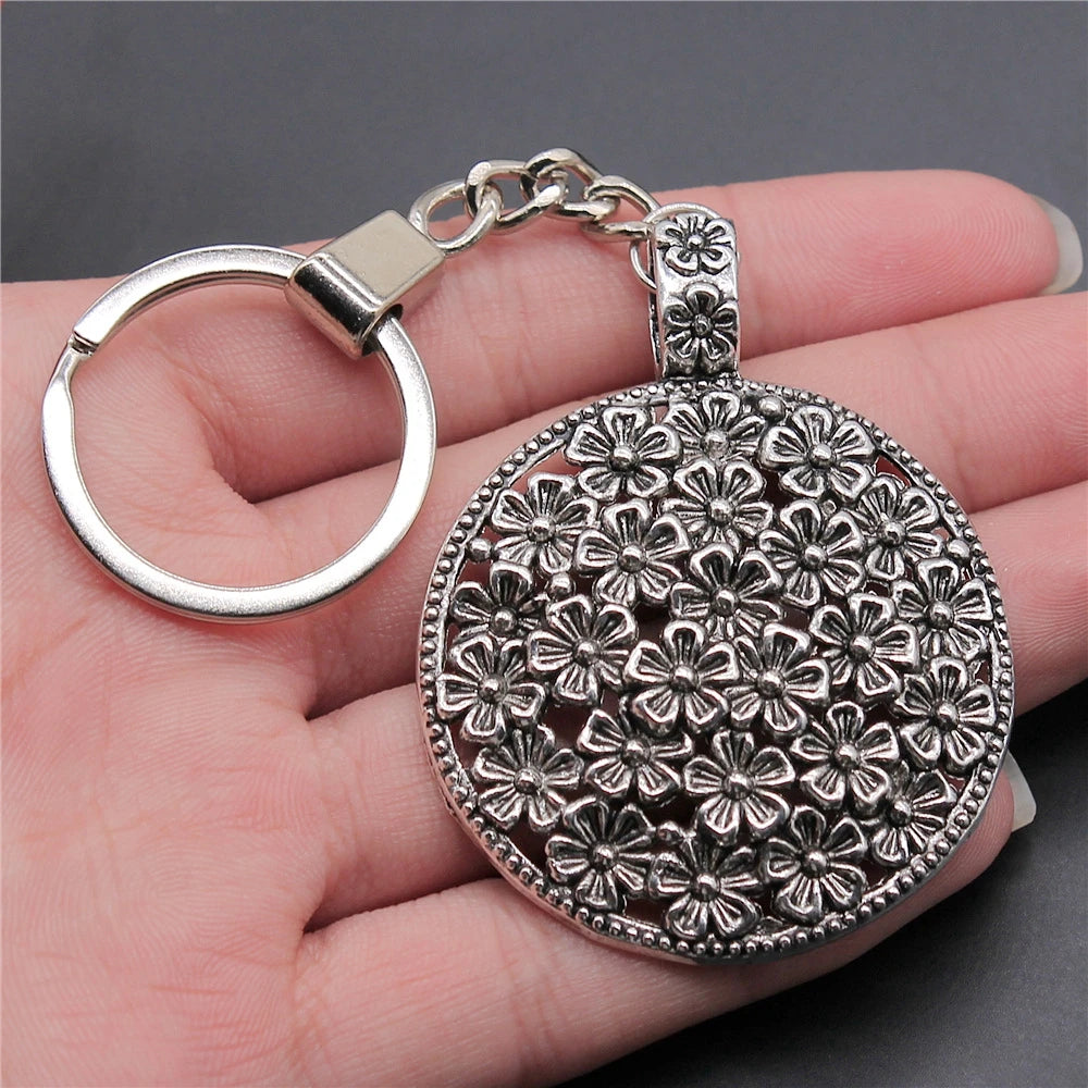 New Fashion Men 30mm Metal Alloy Keychain with Vintage Heart, Flower, Rose, Sunflower & Tree Pendant DIY Keyring Holder Chain Accessory