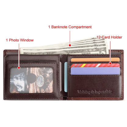 KAVIS Handmade Genuine Leather Men's Wallet RFID Blocking Card Holder with ID Window – Large Capacity Fashion Money & Card Storage Wallet