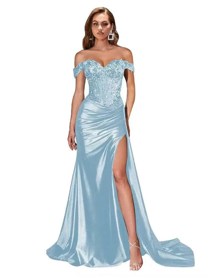 Dark Navy Off-Shoulder Prom Dress – Sweetheart Beaded Lace Evening Gown with High Side Slit, 2025 Custom