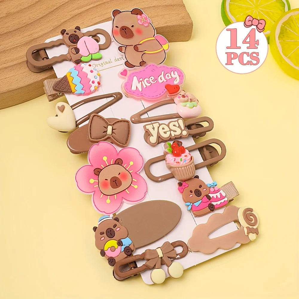 14-Piece Cute Capybara Hair Clip Set - Multicolor Butterfly and Flower Fashion Hair Accessories for Girls