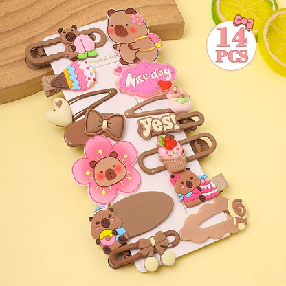 14-Piece Cute Capybara Hair Clip Set - Multicolor Butterfly and Flower Fashion Hair Accessories for Girls