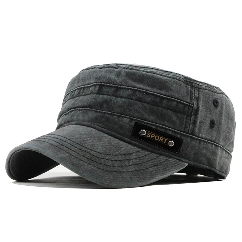Men’s Cotton Military Cap – Washable Flat Top Sun-Proof Hat for Spring, Summer, and Autumn