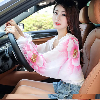 Women’s Summer Sun Protection Chiffon Shawl – Floral Print Beach Scarf Arm Sleeves UV Protection for Outdoor Cycling & Driving Accessories