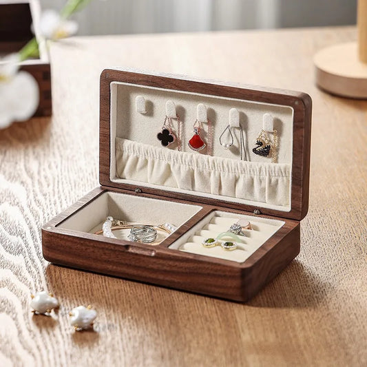 Portable Flannelette Jewelry Storage Box - Luxury Black Walnut Wooden Travel Organizer for Necklaces, Earrings & Accessories