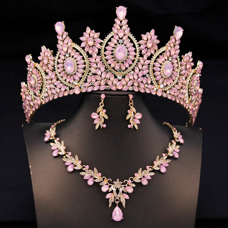 Rhinestone Bridal Tiara Jewelry Set - Wedding Crown with Necklace and Earrings for Women