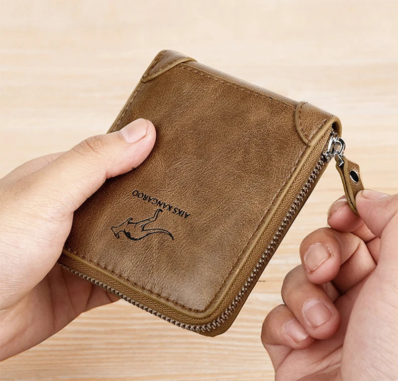 Luxury Leather Men's Wallet – RFID Zipper Card Holder with Coin Pocket, Perfect Gift for Men