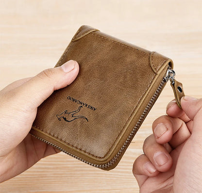 Luxury Leather Men's Wallet – RFID Zipper Card Holder with Coin Pocket, Perfect Gift for Men