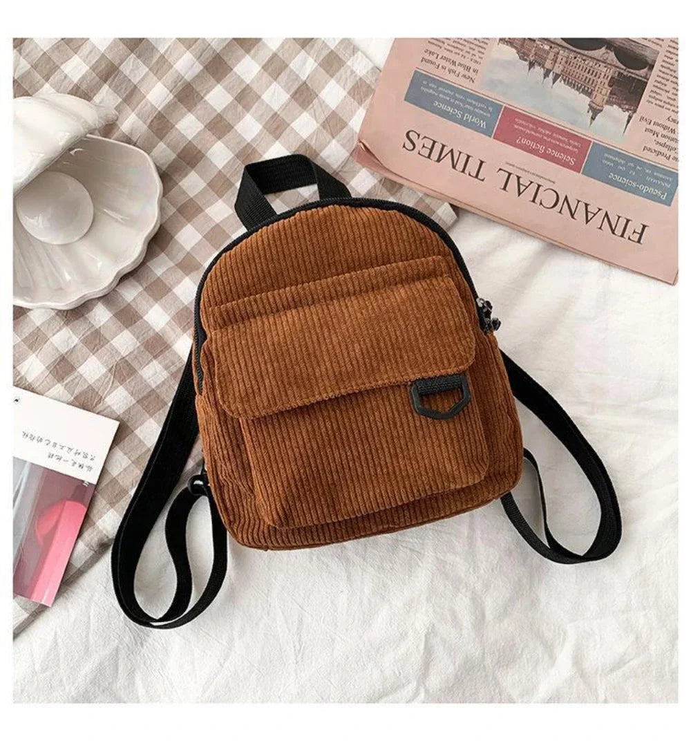 Women's Mini Backpack - Fashionable Solid Color Corduroy Casual Schoolbag with Large Capacity