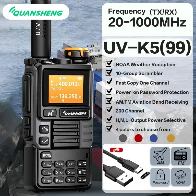 Quansheng UV-K6 Upgrade UV-K5 Interphone – 5W Air Band Radio, UHF/VHF, DTMF, FM Scrambler, NOAA Wireless Frequency with Type-C Charging