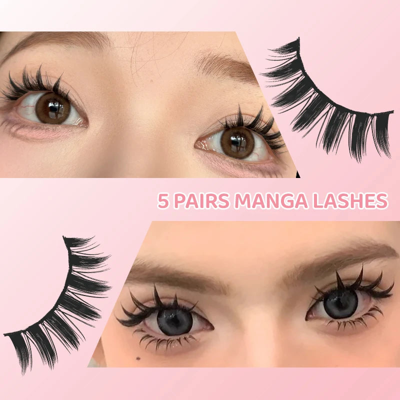 DINGSEN 5 Pairs Manga Style False Eyelashes — Soft, Natural, Long Anime Wispy Strip Lashes for Makeup