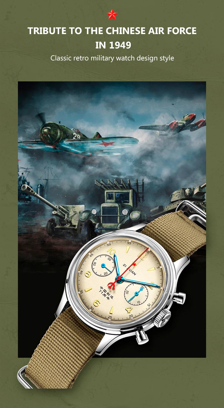 RED STAR 38mm Men's 1963 Chronograph Mechanical Watch – Pilot Air Force Aviation with Seagull ST1901 Movement & Sapphire Glass
