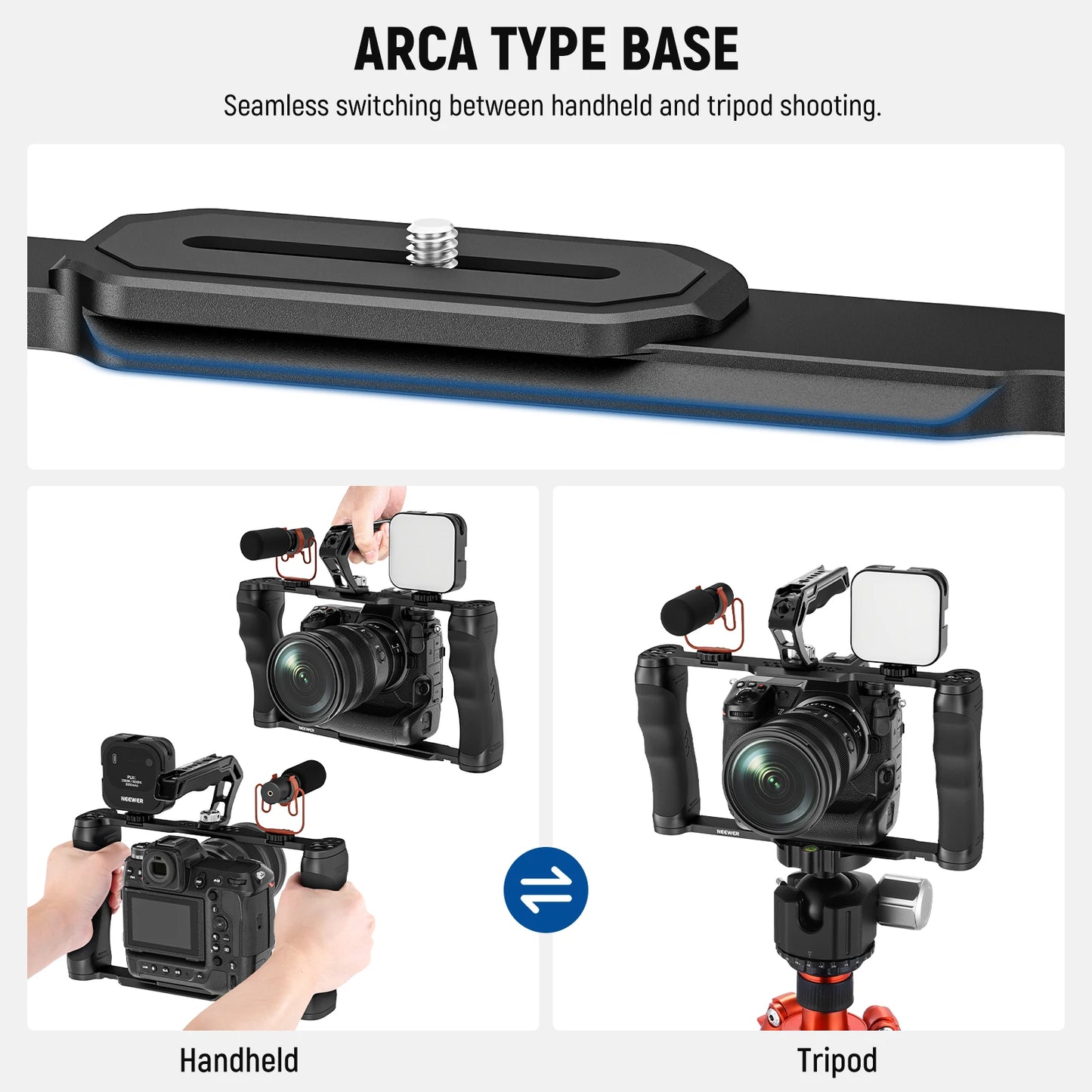 NEEWER Universal Camera Cage with Top Handle – 3/8” ARRI Locating Video Rig Stabilizer with Arca-Type Base for DSLR & Mirrorless Cameras