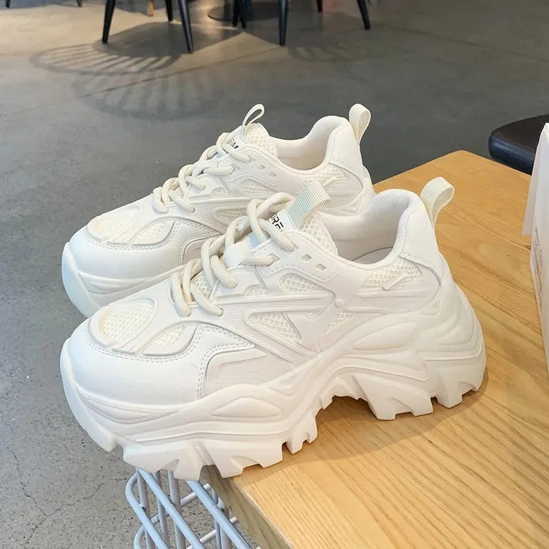 2024 Women's Fashion Platform Sport Shoes - Chunky Black Mesh Leather Casual Sneakers for Summer