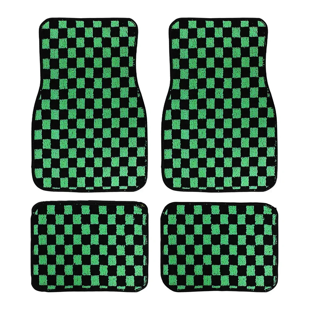 4PCS Universal Checkered Car Floor Mats - Anti-Slip Front & Rear Checkerboard Auto Carpet Foot Mats