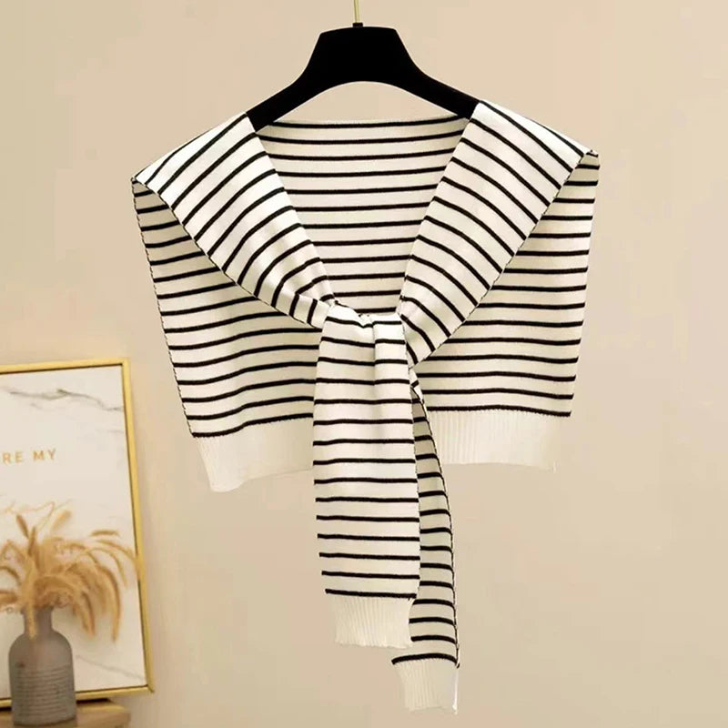 Striped Knitted Shawl Scarf – Warm Winter Cape with Fake Collar for Women