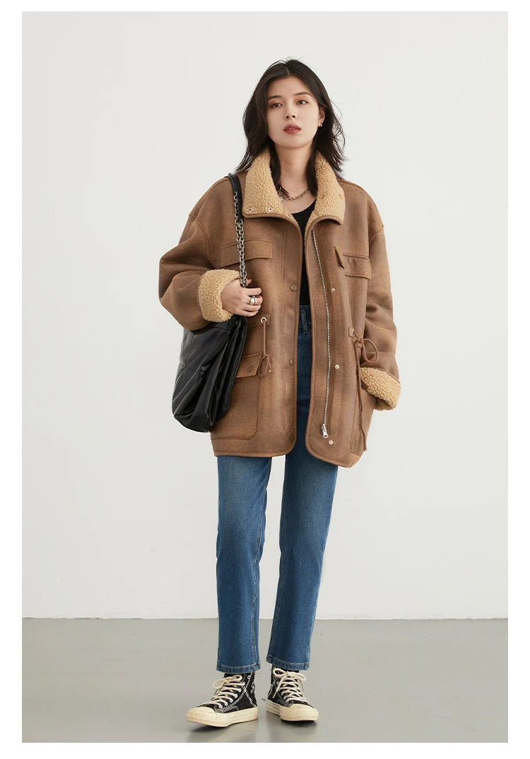CHIC VEN Women's Reversible Jacket – Thick Suede, Motorcycle Style, Loose Fit Winter & Autumn Outerwear 2023