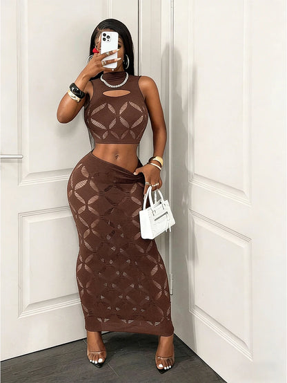 Plus Size 2-Piece Women’s Mesh Crop Tank & Bodycon Mini Skirt Set - Sexy Hollow Out Stretch Clubwear