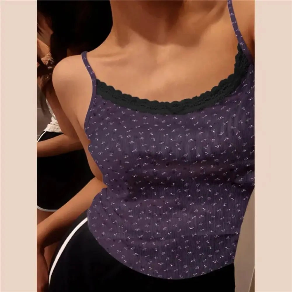 Women’s Y2K Floral Lace Camisole Top – Slim Fit Sexy Sleeveless Tank for Spring 2024