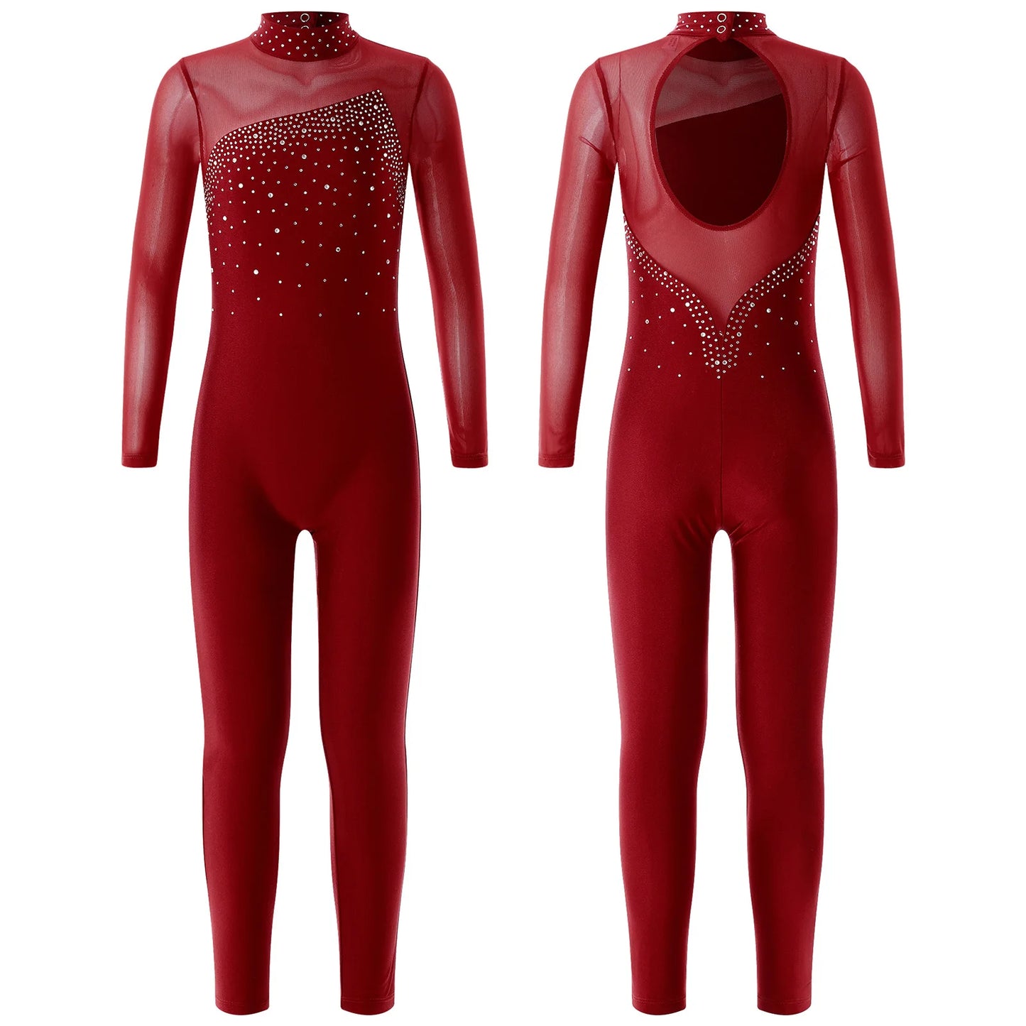 Kids Girls Long Sleeve Rhinestone Bodysuit — Full Body Dancewear Gymnastics Leotard Skating Jumpsuit