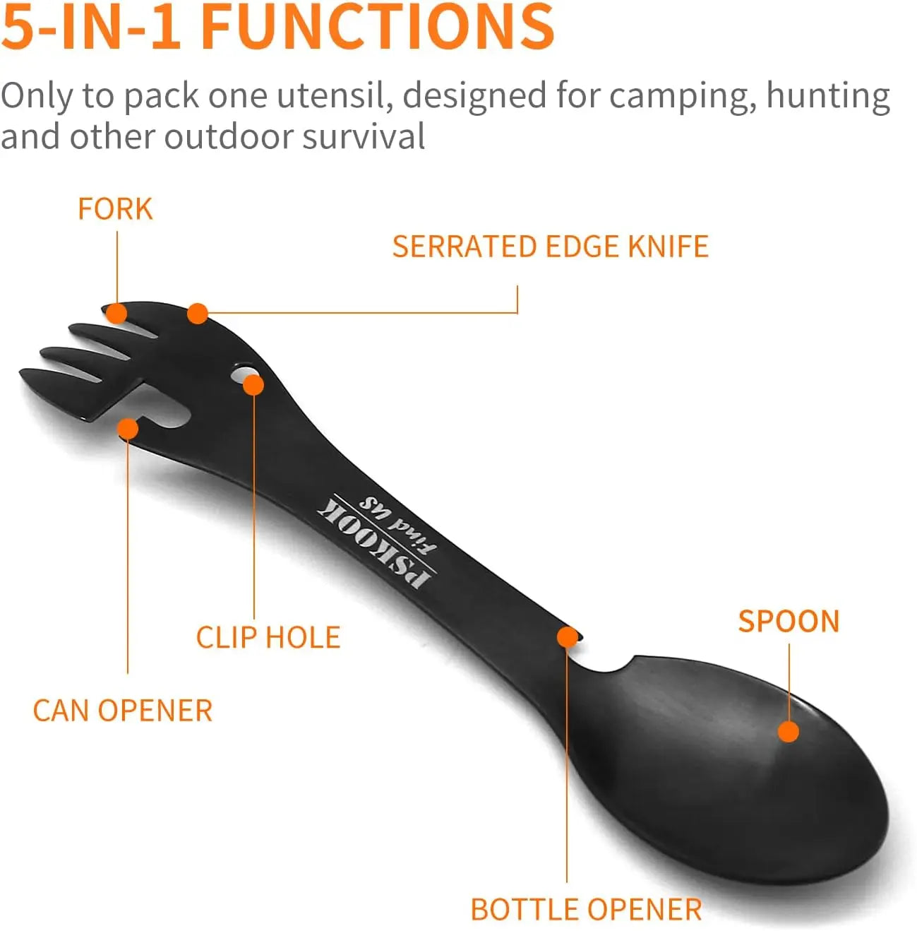 5-in-1 Tactical Spork — Stainless Steel Spoon, Fork, Knife, Can & Bottle Opener Combo for Camping & Hiking