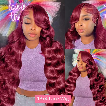 Burgundy 99J Body Wave Wig – 13x4/13x6 HD Lace Front, Pre-Plucked Human Hair Red Colored Wig