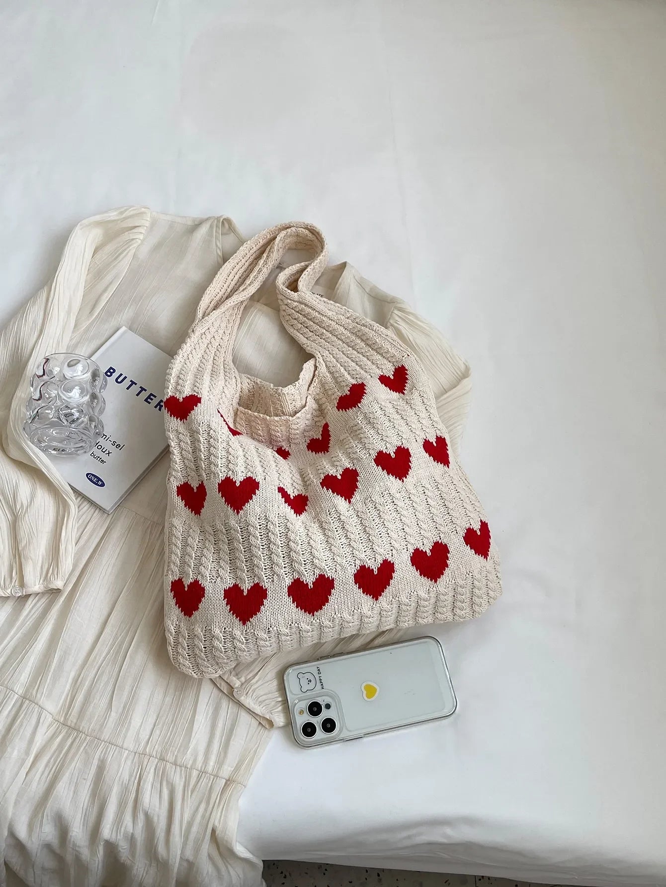 Heart Pattern Color-Block Crochet Handbag – Large Capacity Shoulder Beach & Commute Tote Bag, Fashion Versatile Daily Carry Bag