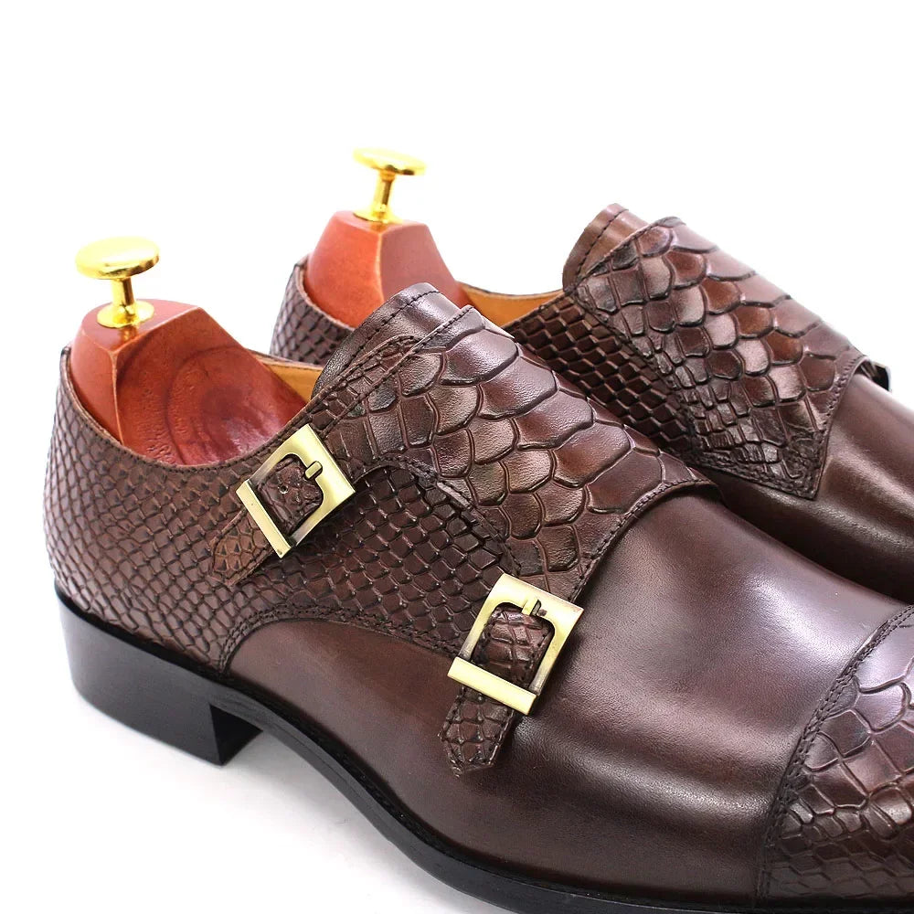 Men’s Genuine Leather Monk Strap Shoes - Double Buckle Snake Print Cap Toe Italian Style Dress Shoes