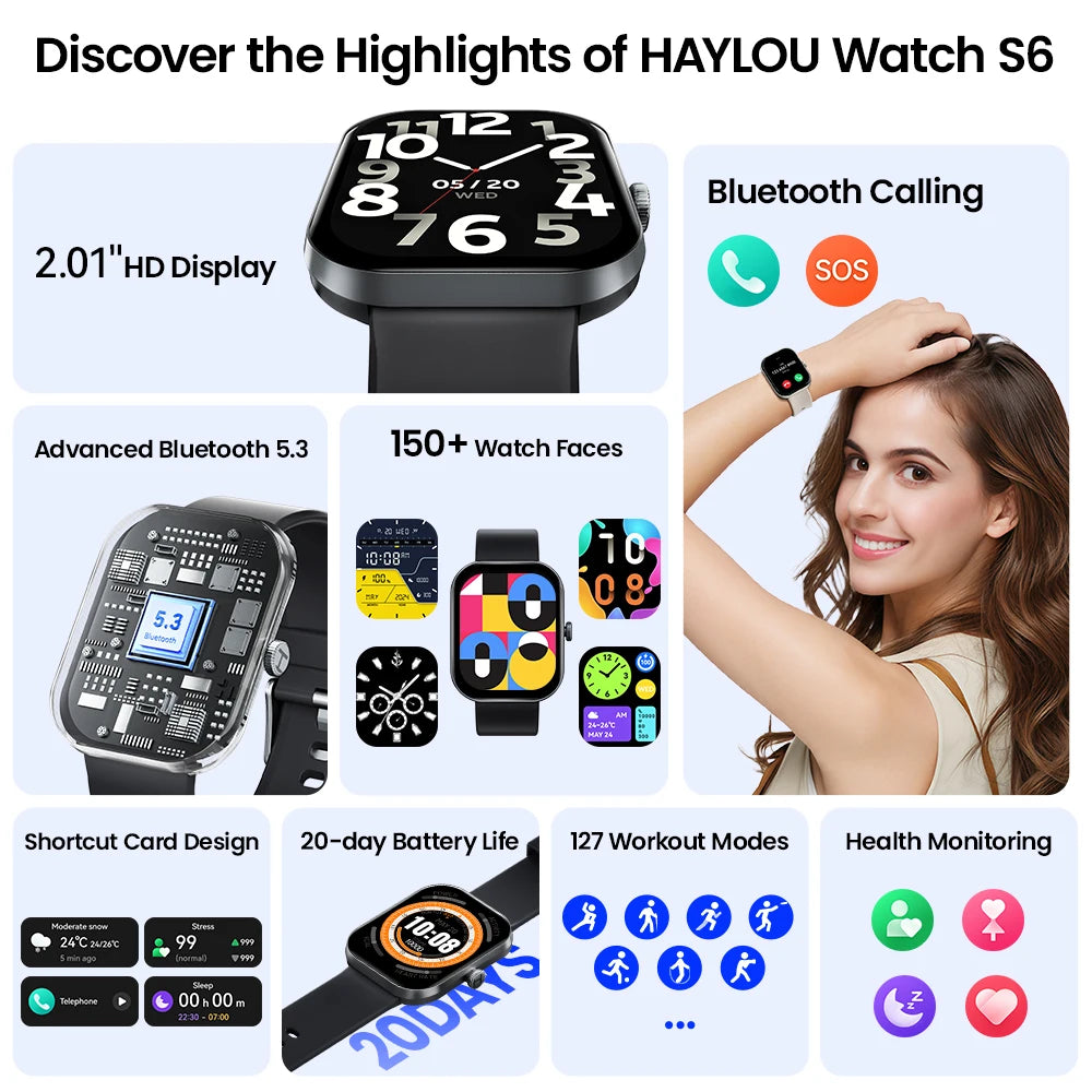 HAYLOU Watch S6 Smartwatch — 2.01" HD Display, Bluetooth Voice Calls, IP68 Waterproof Fitness Tracker