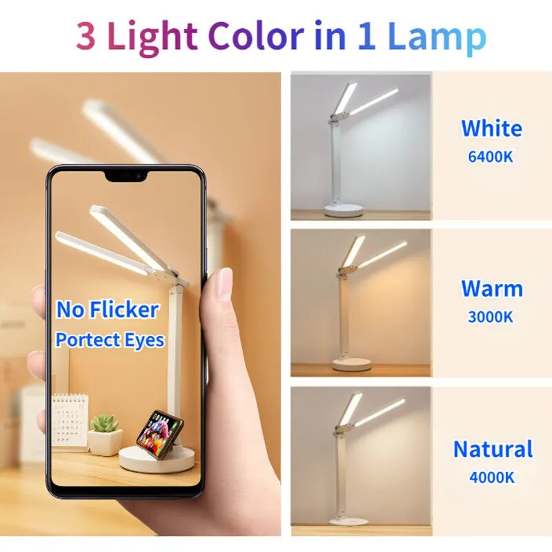 LED Clock Table Lamp – USB Rechargeable, Dimmable Desk Lamp with 2 Heads, 180° Rotate, Foldable, Eye Protection for Reading