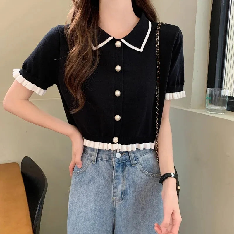 Women’s Summer Knitted Blouse — Chic Retro Slim Short Sleeve Crop Top, All-Match Style