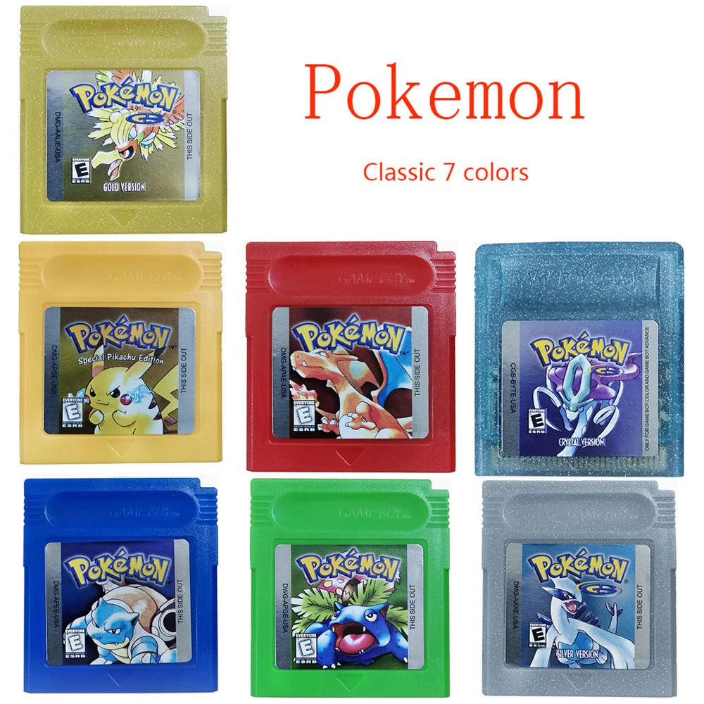 Pokémon GBC 16-Bit Game Cartridges – Red, Blue, Crystal, Gold, Silver, Green & Yellow for Game Boy Color