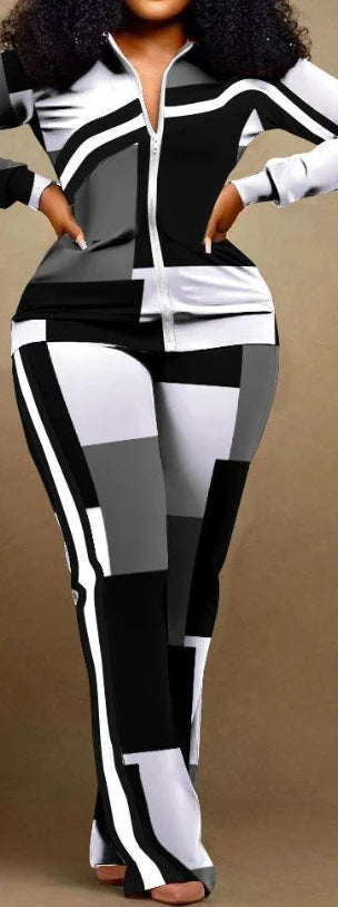 Women’s 2023 Autumn Two-Piece Set – Geometric Print Stand Collar Zip-Up Top & Casual Sporty Pants