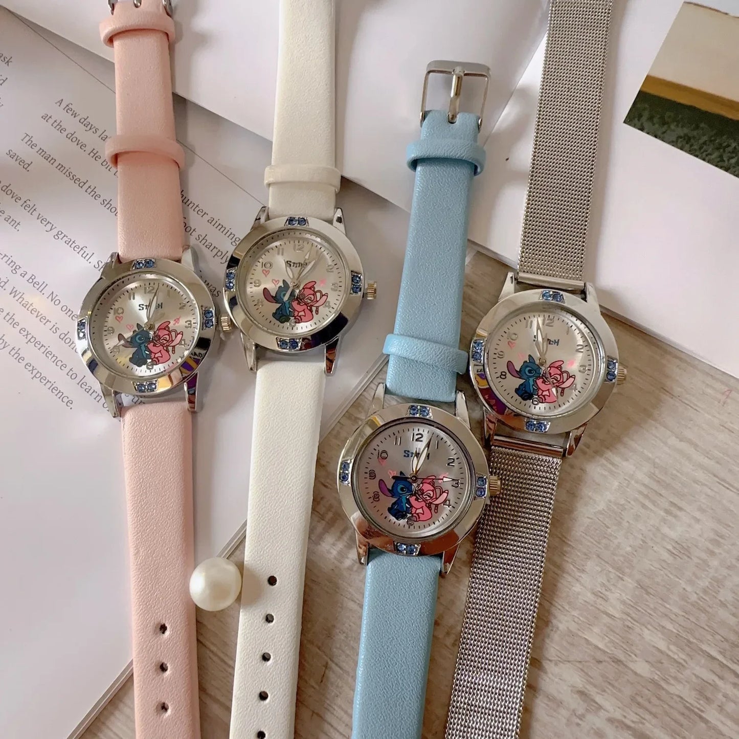 MINISO Disney Stitch Ladies' Quartz Watch - High-Quality Steel Belt with Diamond Set Design