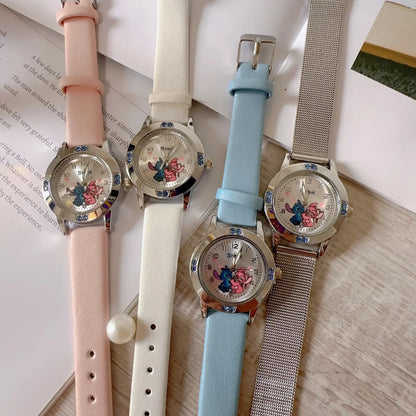 MINISO Disney Stitch Ladies' Quartz Watch - High-Quality Steel Belt with Diamond Set Design