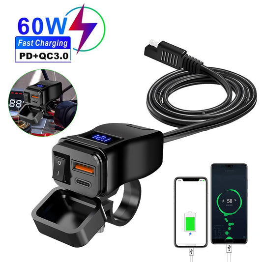 60W PD QC3.0 Motorcycle USB Fast Charger - Dual USB Handlebar Socket With Switch Voltmeter Waterproof 12V Power Adapter