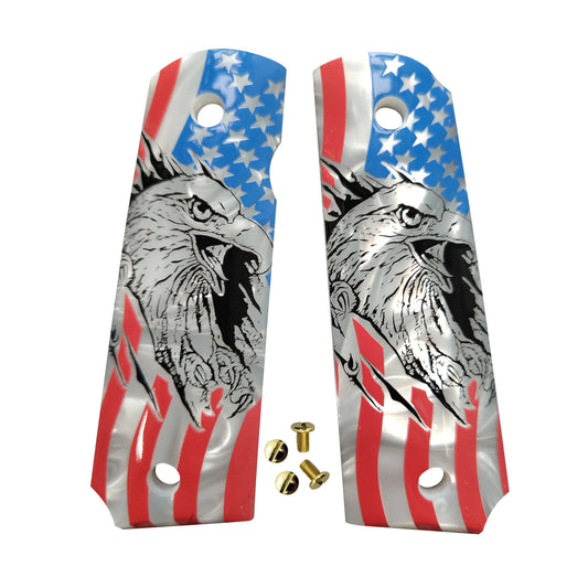 1911 Pearl Pistol Grips - White Eagle Design Full Size Grip Panels for Colt & 1911 Models