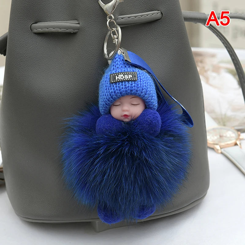 Cute Pompom Sleeping Baby Keychain - Fluffy Plush Doll Bag Charm, Key Ring & Gift for Women and Girls